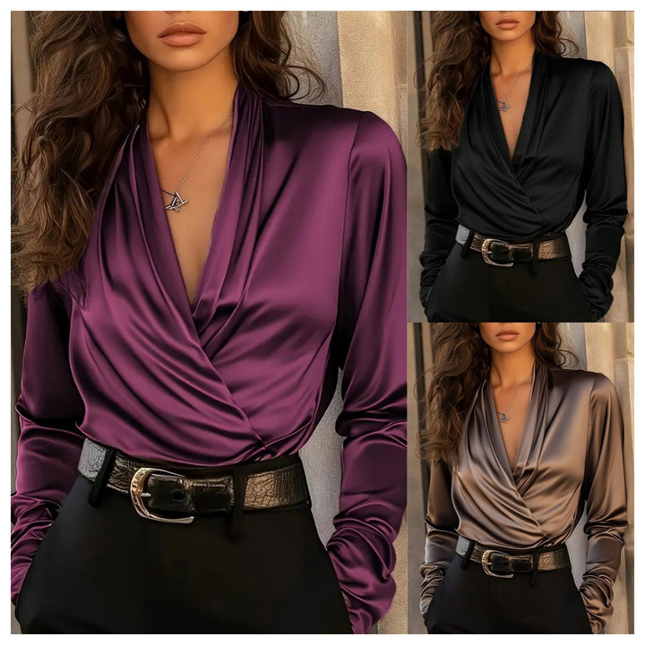 Damer elegant satinblus med omslagsdesign och djup V-ringning Mirla-Eva Jonsson