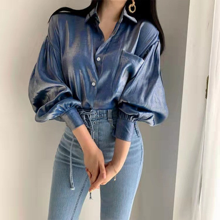 Damer elegant satinblus med puffärmar Mirla-Eva Jonsson