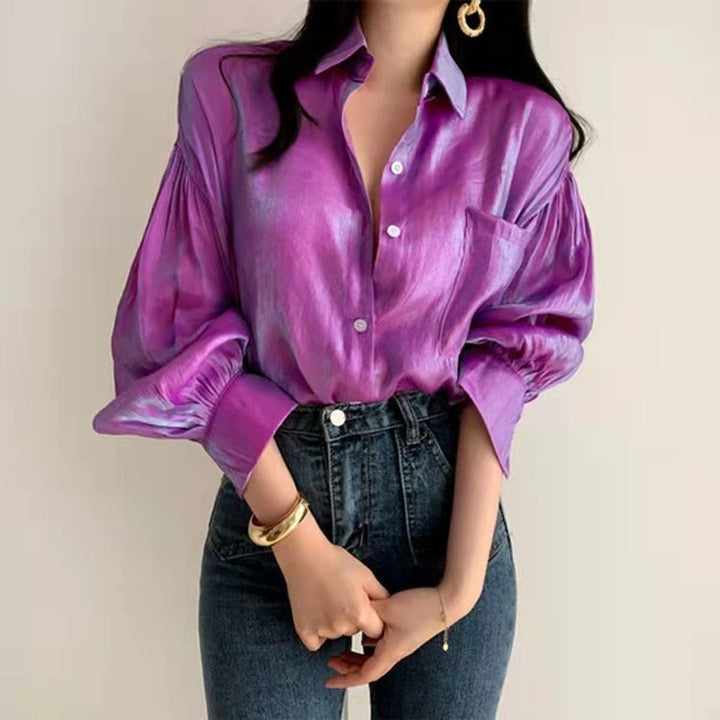Damer elegant satinblus med puffärmar Mirla-Eva Jonsson