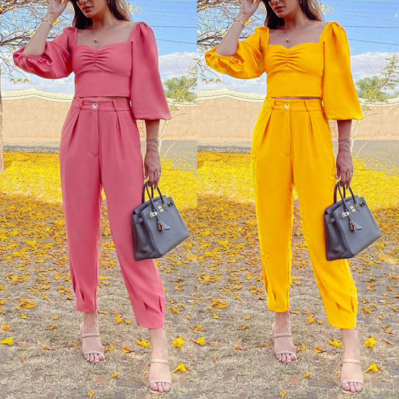 Damer elegant set av kort topp och hög midja byxor Mirla-Eva Jonsson