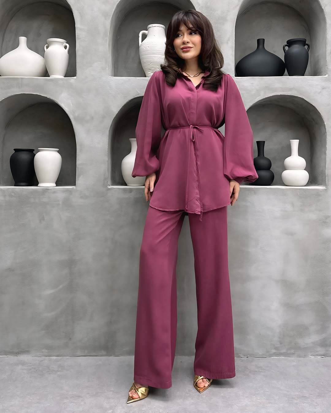 Damer elegant set med lång blus och vida byxor Mirla-Eva Jonsson