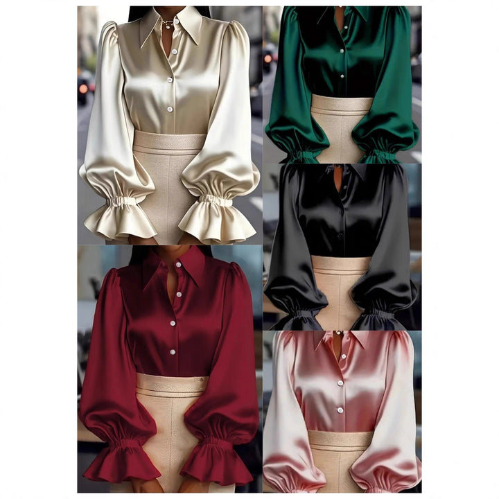 Damer elegant sidenblus med puffärmar och stilren knapplist Mirla-Eva Jonsson