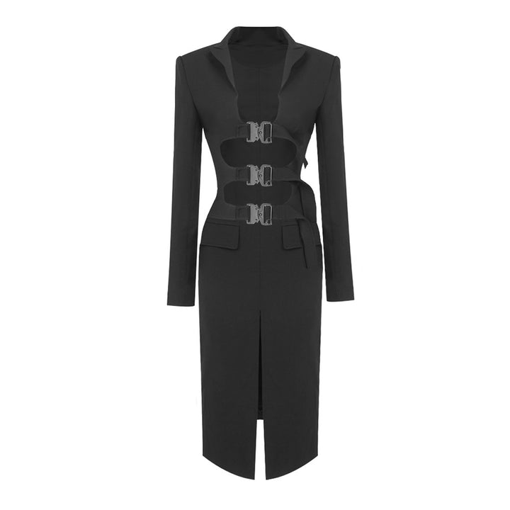 Damer elegant skuren blazer-klänning med kontrasterande spännen Mirla-Eva Jonsson
