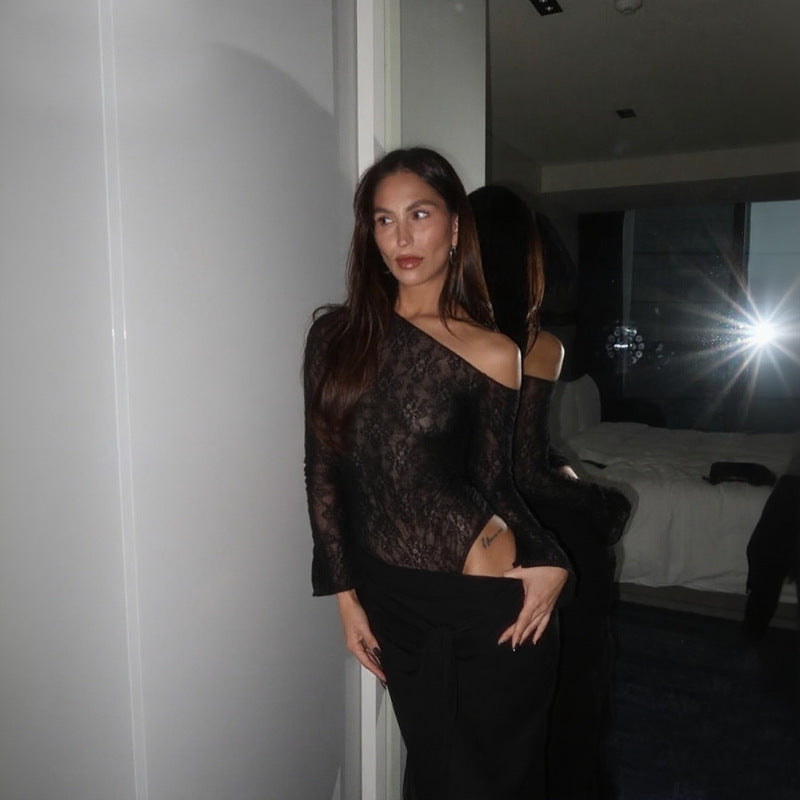 Damer elegant spets bodysuit med stiligt långt kjol Mirla-Eva Jonsson