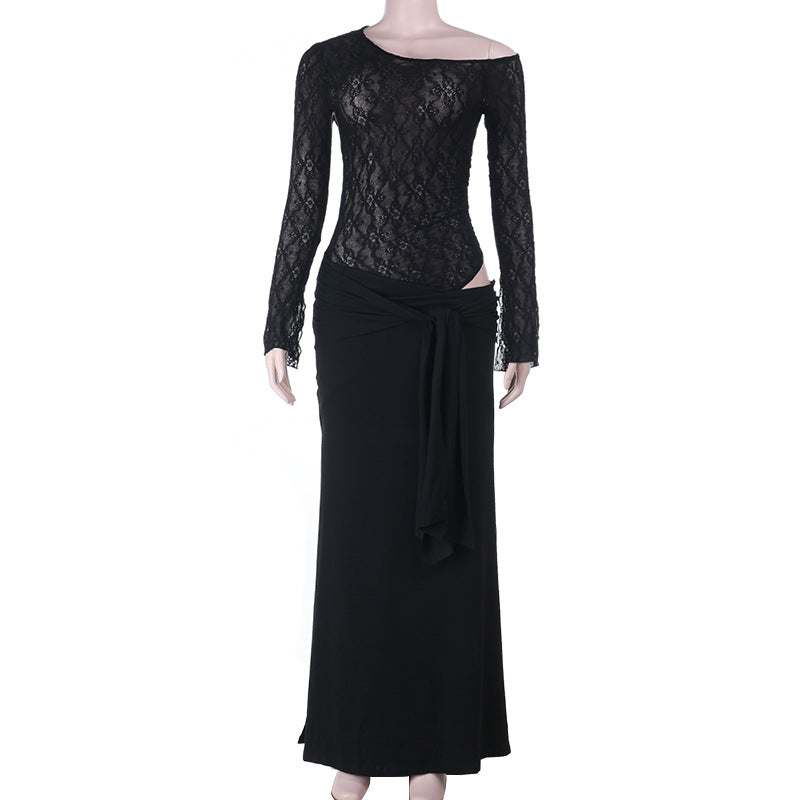 Damer elegant spets bodysuit med stiligt långt kjol Mirla-Eva Jonsson