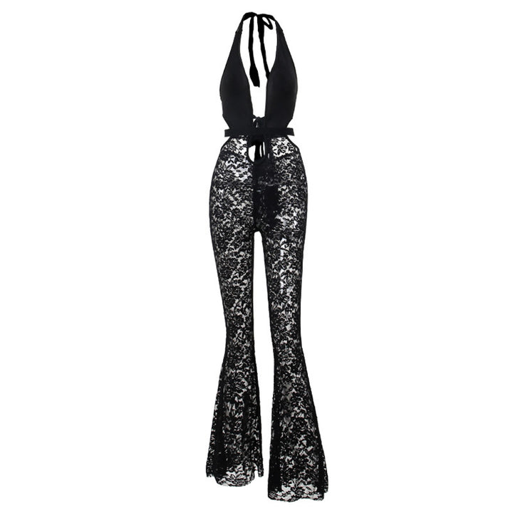 Damer elegant spets jumpsuit med djup V-ringning och trumpetbyxor Mirla-Eva Jonsson