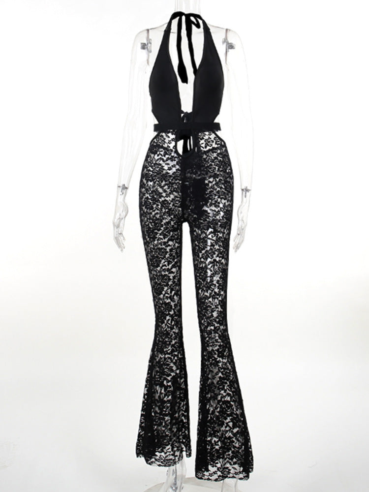 Damer elegant spets jumpsuit med djup V-ringning och trumpetbyxor Mirla-Eva Jonsson