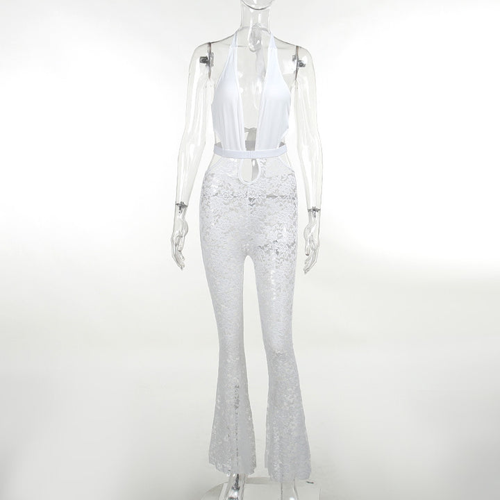 Damer elegant spets jumpsuit med djup V-ringning och trumpetbyxor Mirla-Eva Jonsson