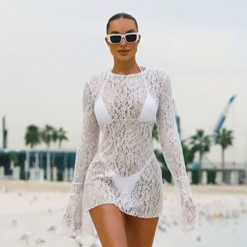 Damer elegant spets strandklänning med lång ärm och genomskinlig design Mirla-Eva Jonsson