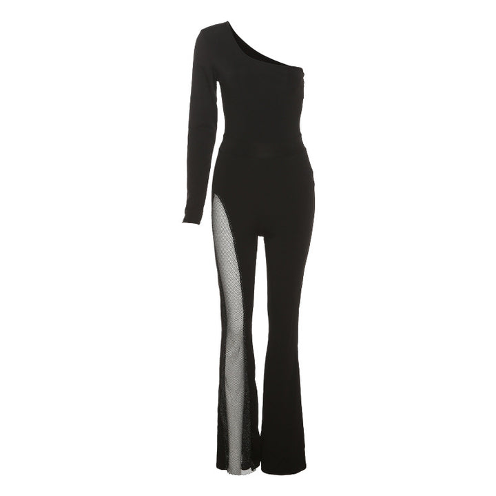 Damer elegant sport jumpsuit med asymmetrisk snitt och mesh-inlägg Mirla-Eva Jonsson