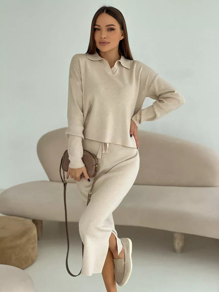Damer elegant stickad dräktsuit med polokrage Mirla-Eva Jonsson