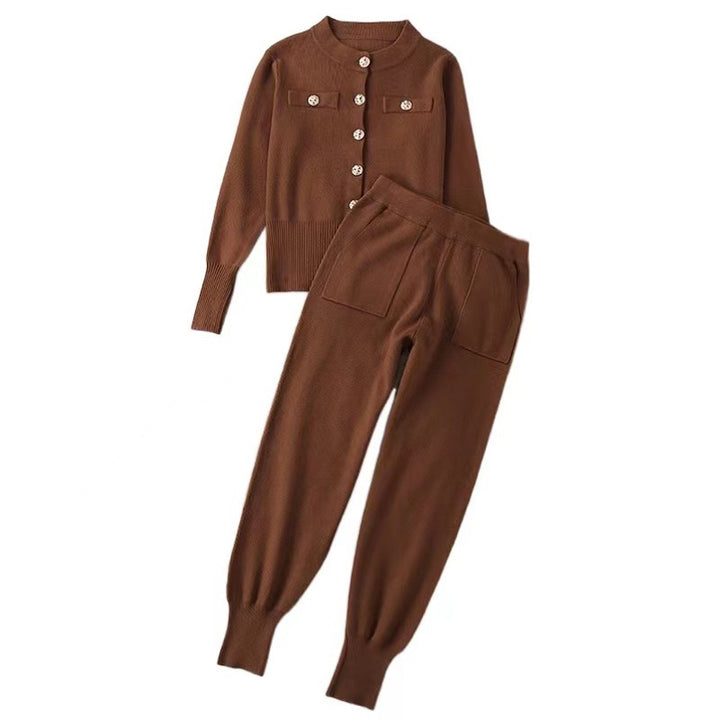 Damer elegant stickad kostym-set med knapppdetaljer Eva Jonsson-Eva Jonsson