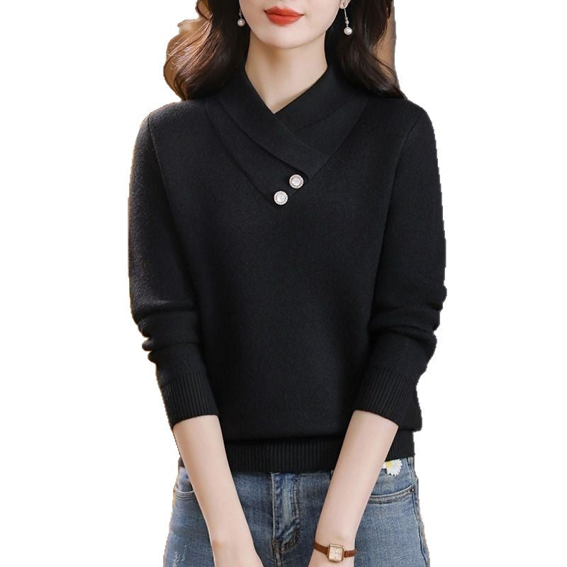 Damer elegant stickad pullover med chic V-hals och dekorativa knappdetaljer Mirla-Eva Jonsson