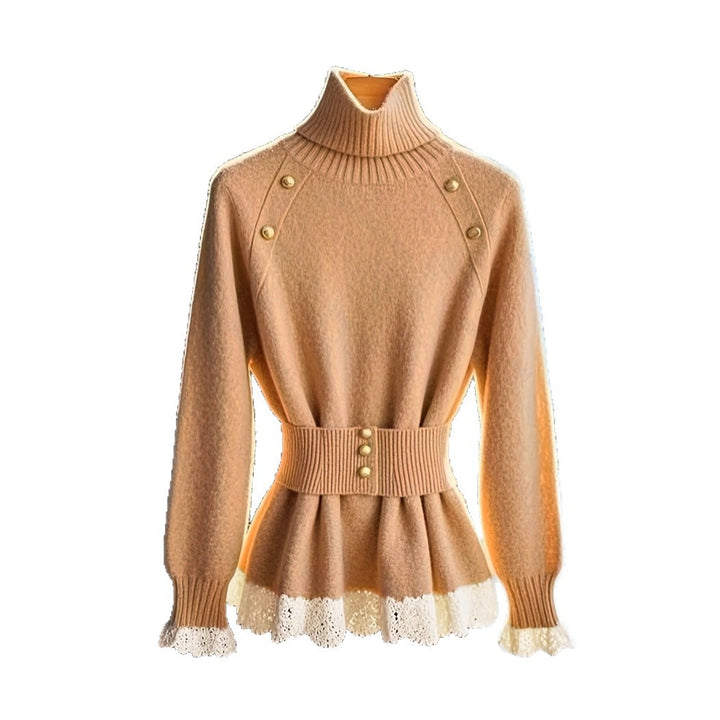 Damer elegant stickad tröja med hög krage och dekorativa knappr detaljer Mirla-Eva Jonsson