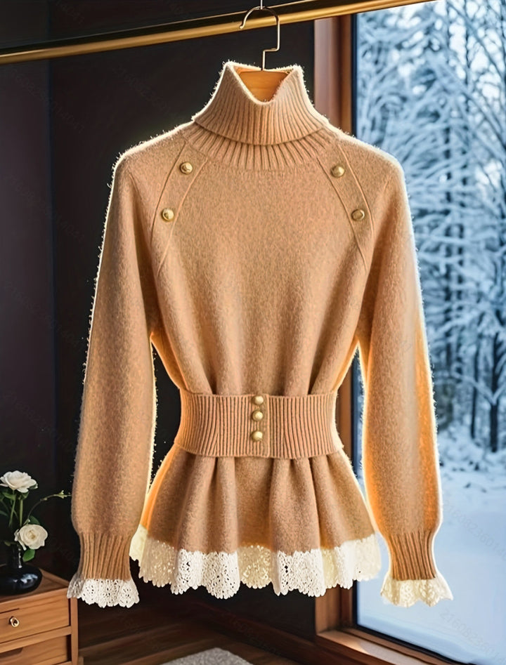 Damer elegant stickad tröja med hög krage och dekorativa knappr detaljer Mirla-Eva Jonsson
