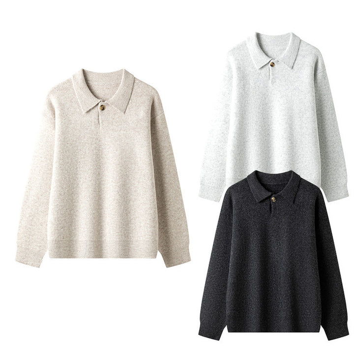 Damer elegant stickad tröja med polo-krage och knäppning Eva Jonsson-Eva Jonsson