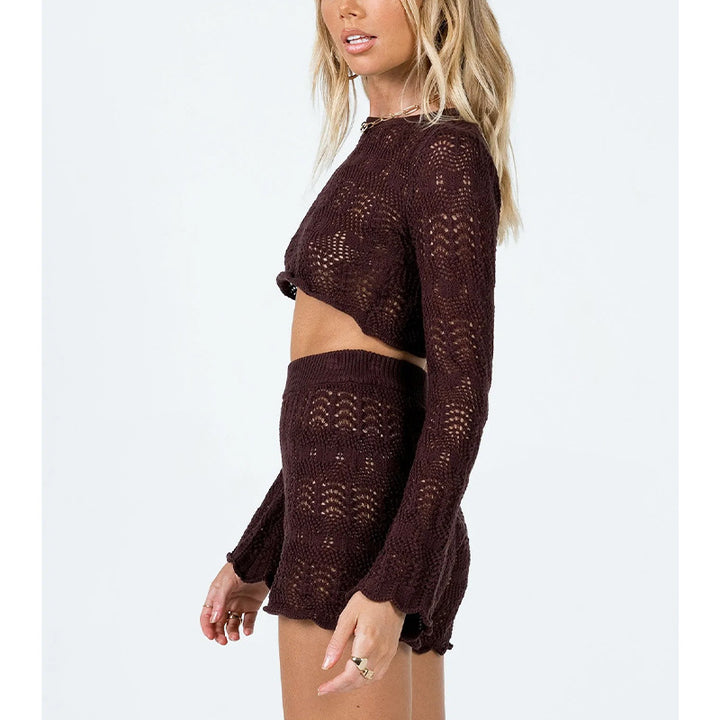 Damer elegant stickat crop-top och shortset Mirla-Eva Jonsson