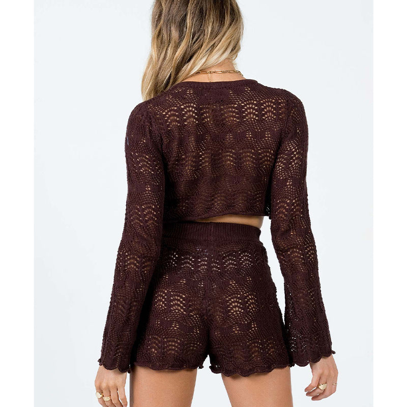 Damer elegant stickat crop-top och shortset Mirla-Eva Jonsson