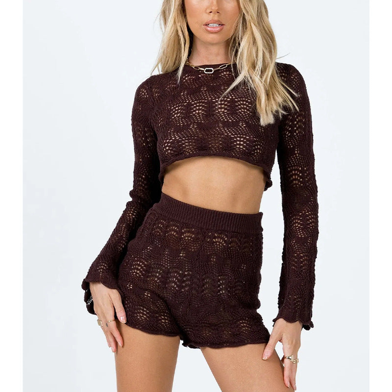 Damer elegant stickat crop-top och shortset Mirla-Eva Jonsson