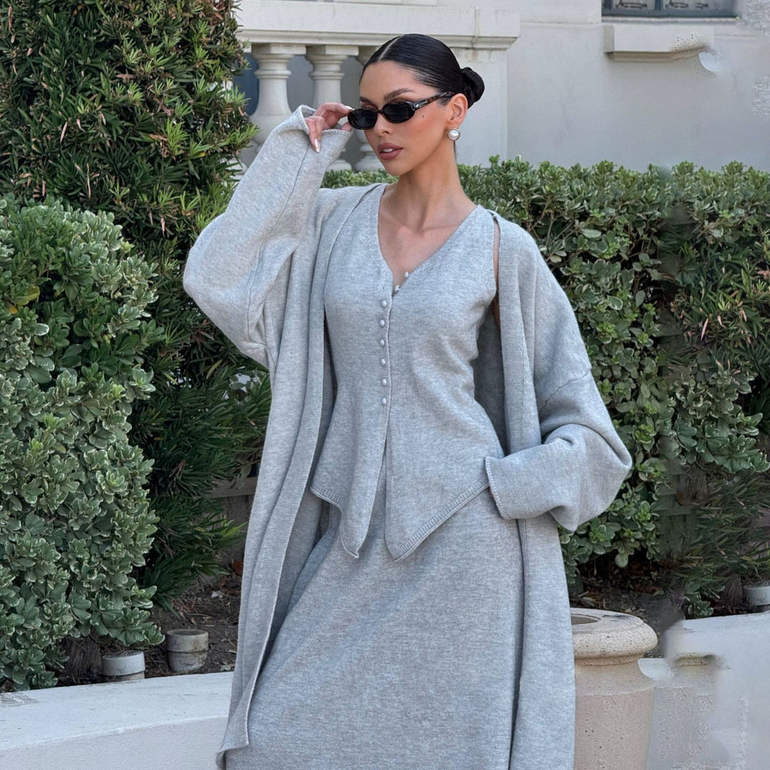 Damer elegant stickat ensemble med öppen cardigan Mirla-Eva Jonsson