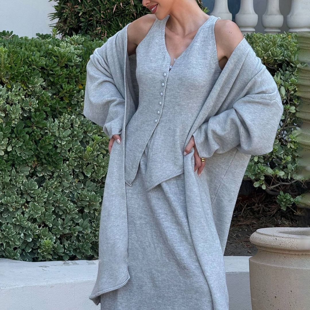 Damer elegant stickat ensemble med öppen cardigan Mirla-Eva Jonsson
