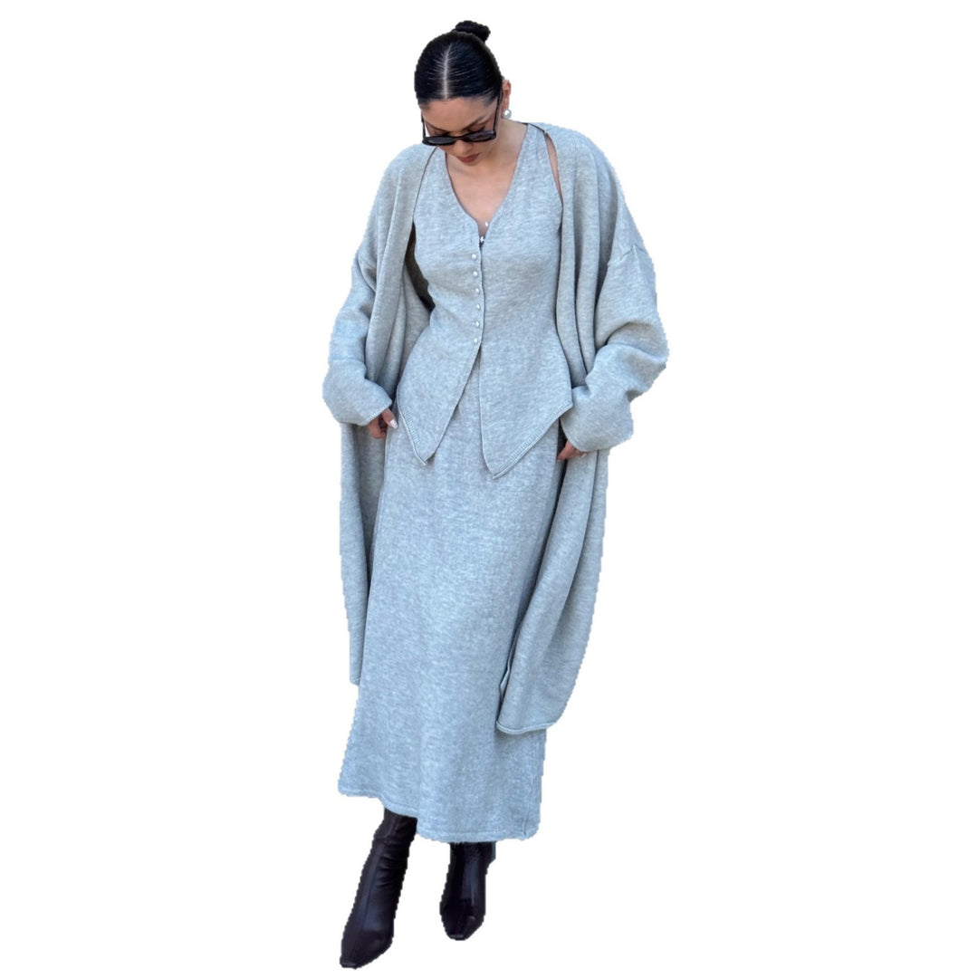 Damer elegant stickat ensemble med öppen cardigan Mirla-Eva Jonsson