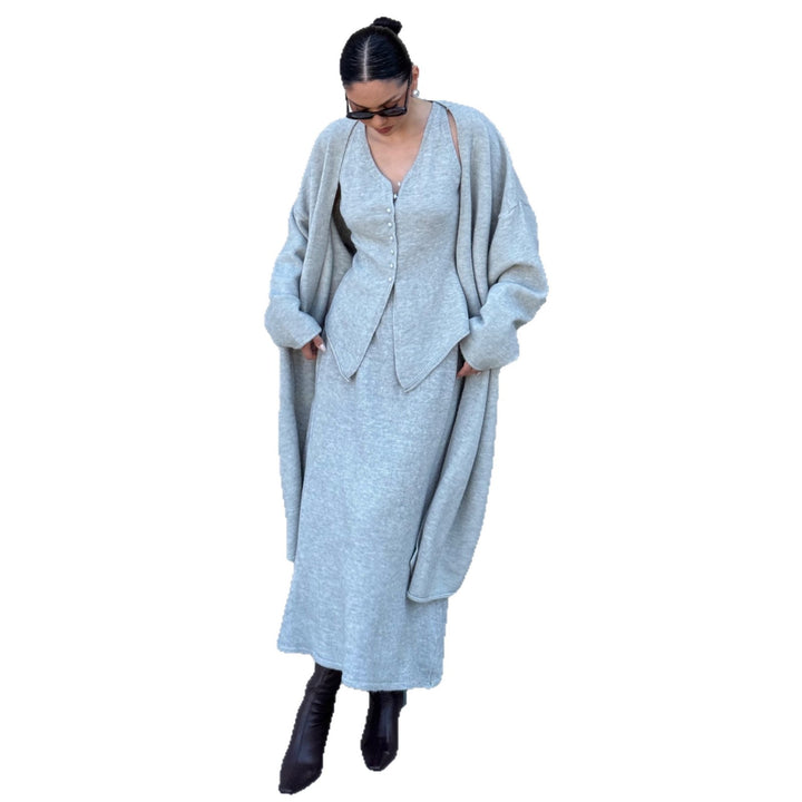 Damer elegant stickat ensemble med öppen cardigan Mirla-Eva Jonsson