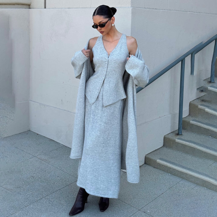 Damer elegant stickat ensemble med öppen cardigan Mirla-Eva Jonsson