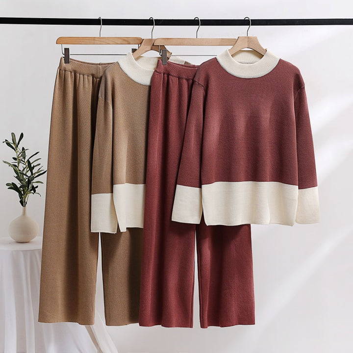 Damer elegant stickat loungewear-set med breda midjeband och dekorativ krage Eva Jonsson-Eva Jonsson