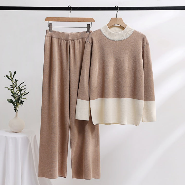 Damer elegant stickat loungewear-set med breda midjeband och dekorativ krage Eva Jonsson-Eva Jonsson
