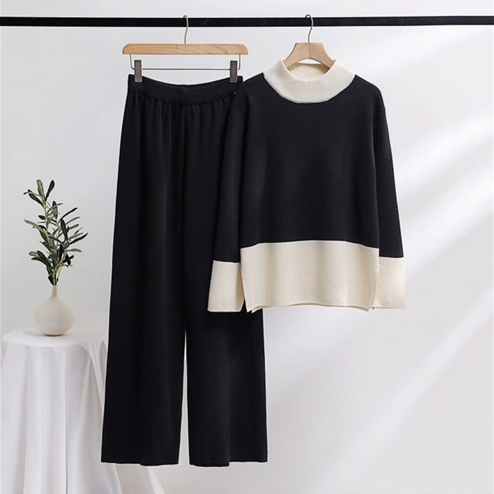 Damer elegant stickat loungewear-set med breda midjeband och dekorativ krage Eva Jonsson-Eva Jonsson