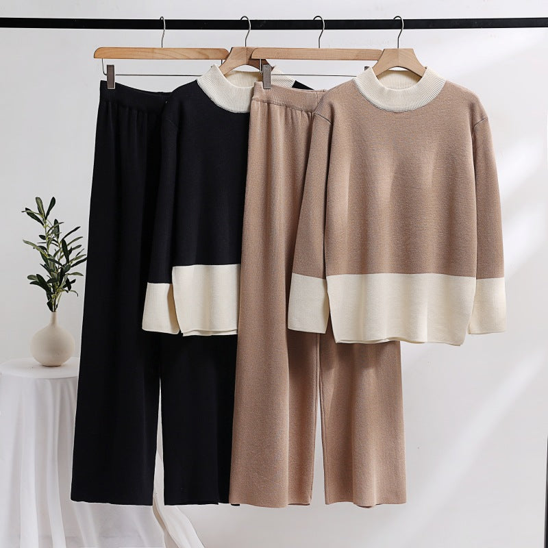 Damer elegant stickat loungewear-set med breda midjeband och dekorativ krage Eva Jonsson-Eva Jonsson