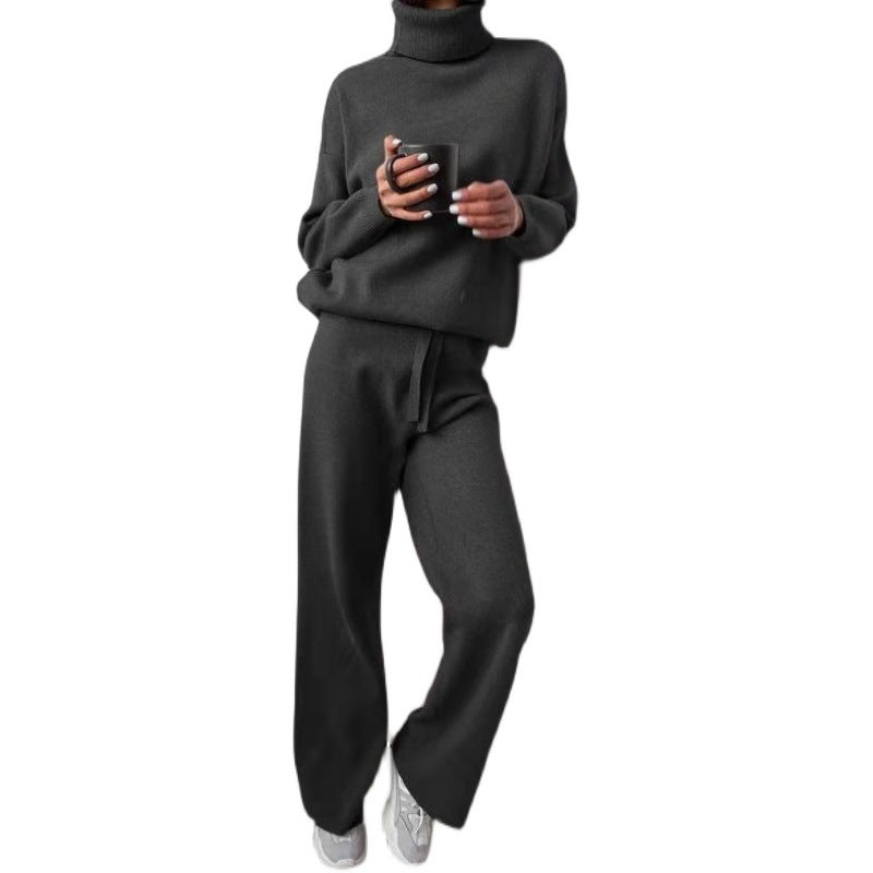 Damer elegant stickat loungewear-set med hög krage och vida ben Mirla-Eva Jonsson