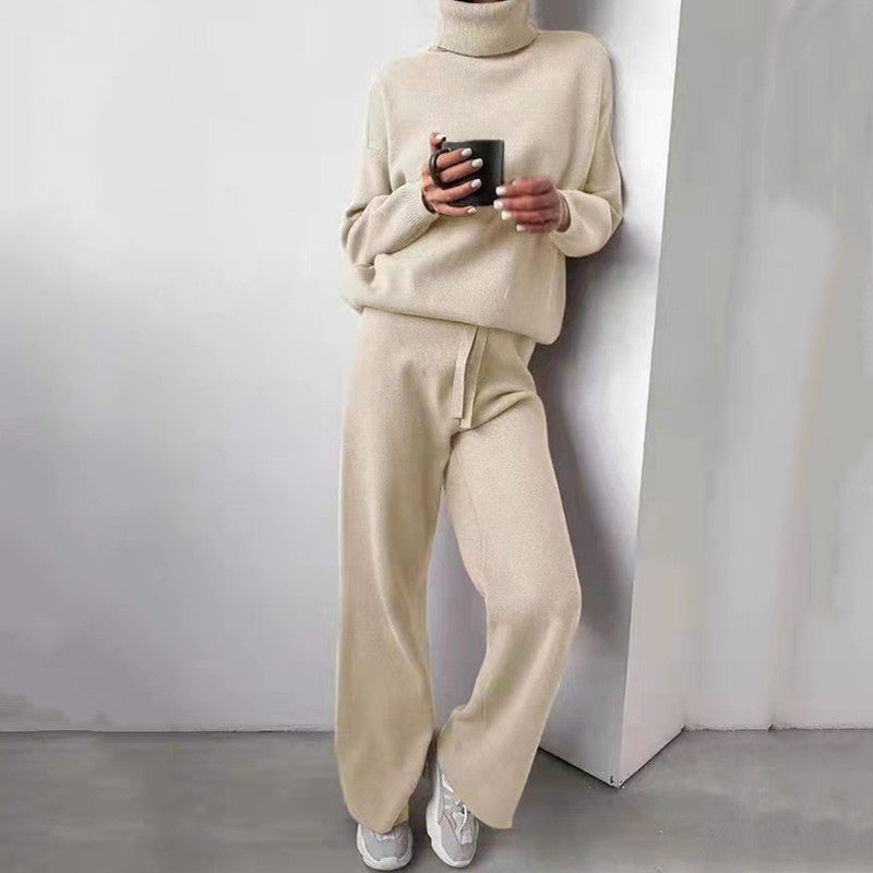 Damer elegant stickat loungewear-set med hög krage och vida ben Mirla-Eva Jonsson