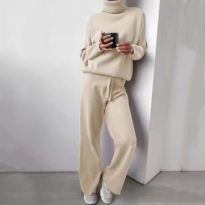 Damer elegant stickat loungewear-set med hög krage och vida ben Mirla-Eva Jonsson