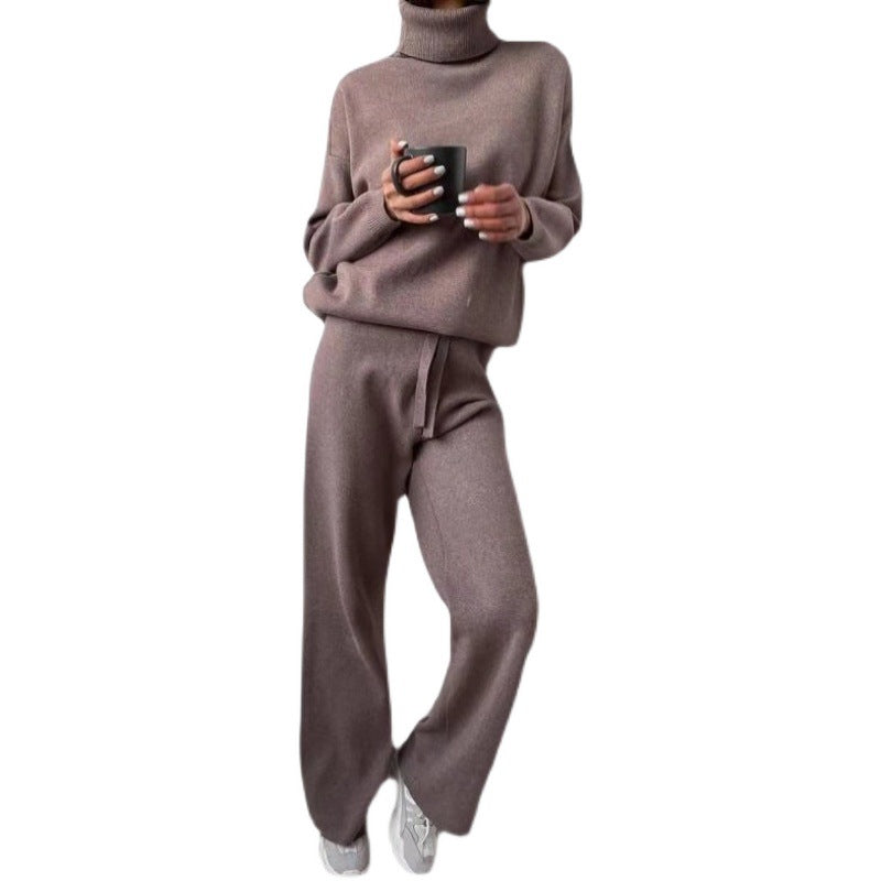 Damer elegant stickat loungewear-set med hög krage och vida ben Mirla-Eva Jonsson