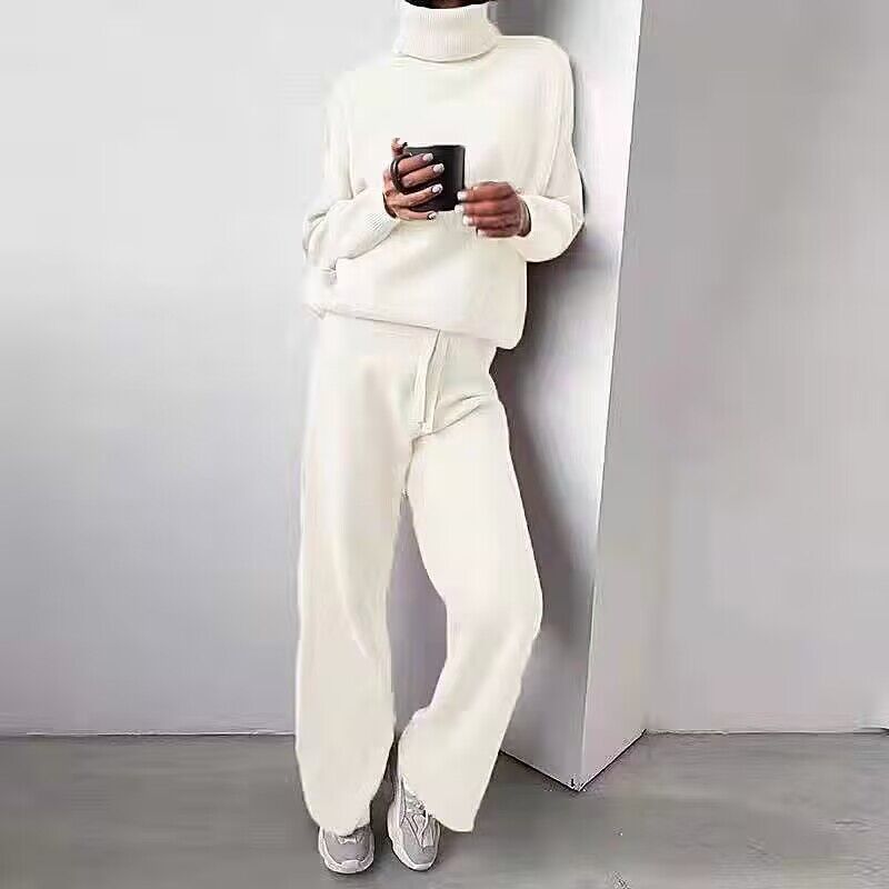 Damer elegant stickat loungewear-set med hög krage och vida ben Mirla-Eva Jonsson