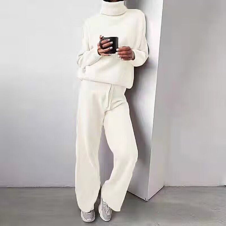 Damer elegant stickat loungewear-set med hög krage och vida ben Mirla-Eva Jonsson