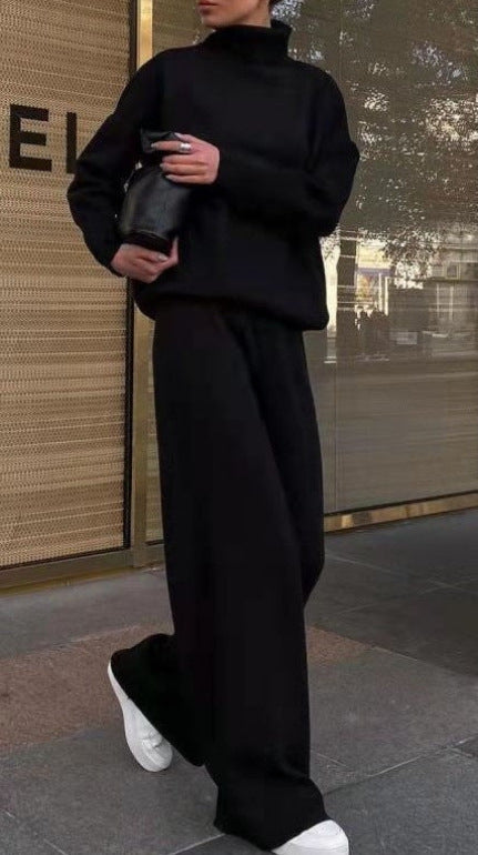 Damer elegant stickat loungewear-set med hög krage och vida ben Mirla-Eva Jonsson