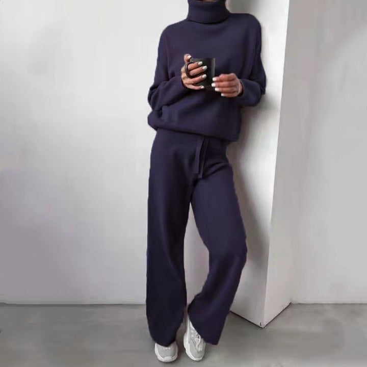 Damer elegant stickat loungewear-set med hög krage och vida ben Mirla-Eva Jonsson