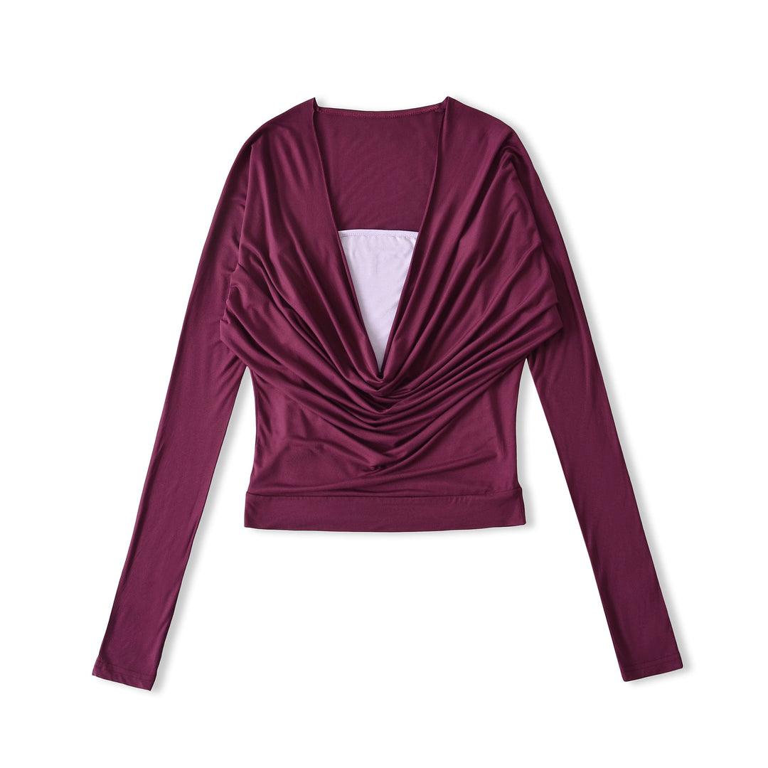 Damer elegant topp med raffinerad drapering och djup V-ringning Mirla-Eva Jonsson