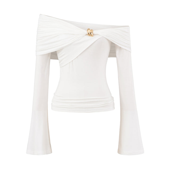 Damer elegant topp med snygg draperad halsringning och raffinerade draperingar Mirla-Eva Jonsson