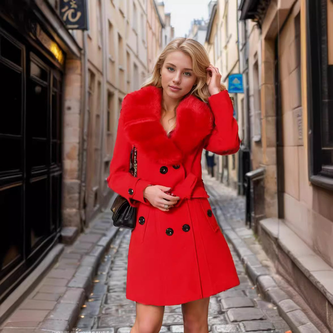 Damer elegant trench coat med konstpälskrage och midjeskärp Mirla-Eva Jonsson