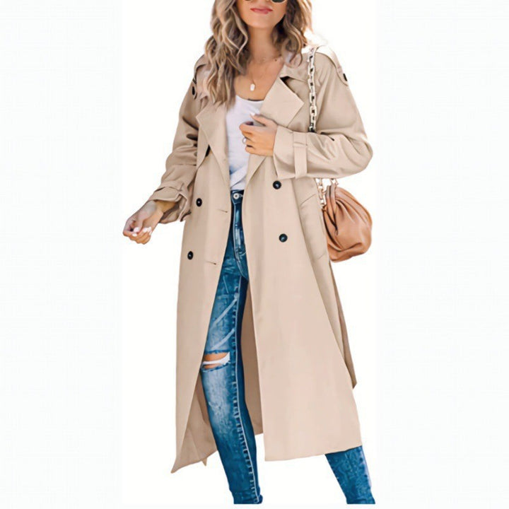 Damer elegant trenchcoat med dubbel rad knappstängning och midjebälte Mirla-Eva Jonsson