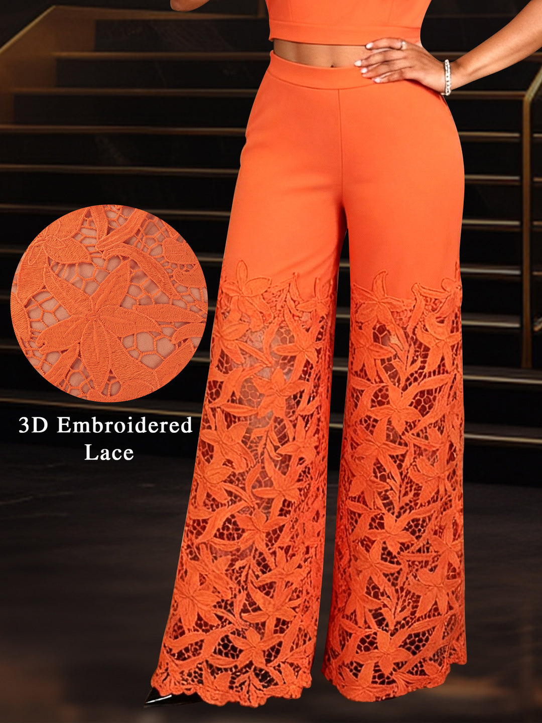Damer elegant vida byxor med 3D broderade spetsdetaljer Mirla-Eva Jonsson
