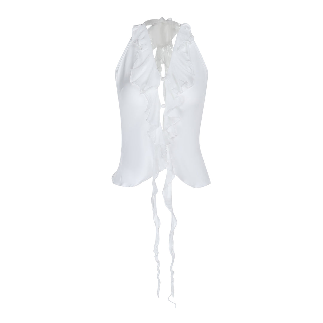 Damer elegant volangstopp med djup V-ringning och fin satin Mirla-Eva Jonsson