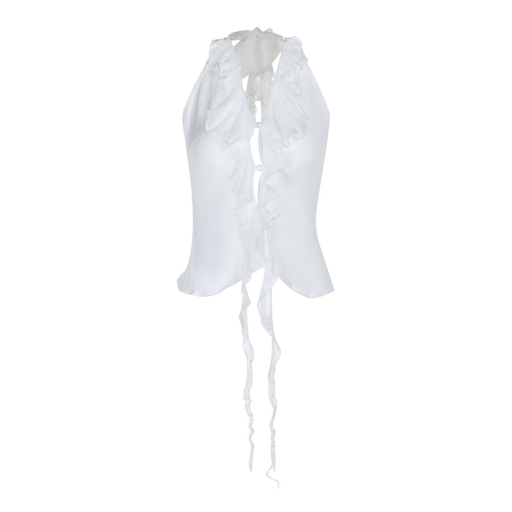 Damer elegant volangstopp med djup V-ringning och fin satin Mirla-Eva Jonsson