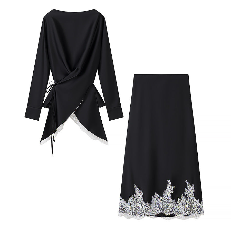 Damer elegant wrap-blus med spetsdetalj och matchande kjol Mirla-Eva Jonsson