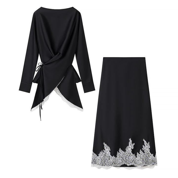 Damer elegant wrap-blus med spetsdetalj och matchande kjol Mirla-Eva Jonsson