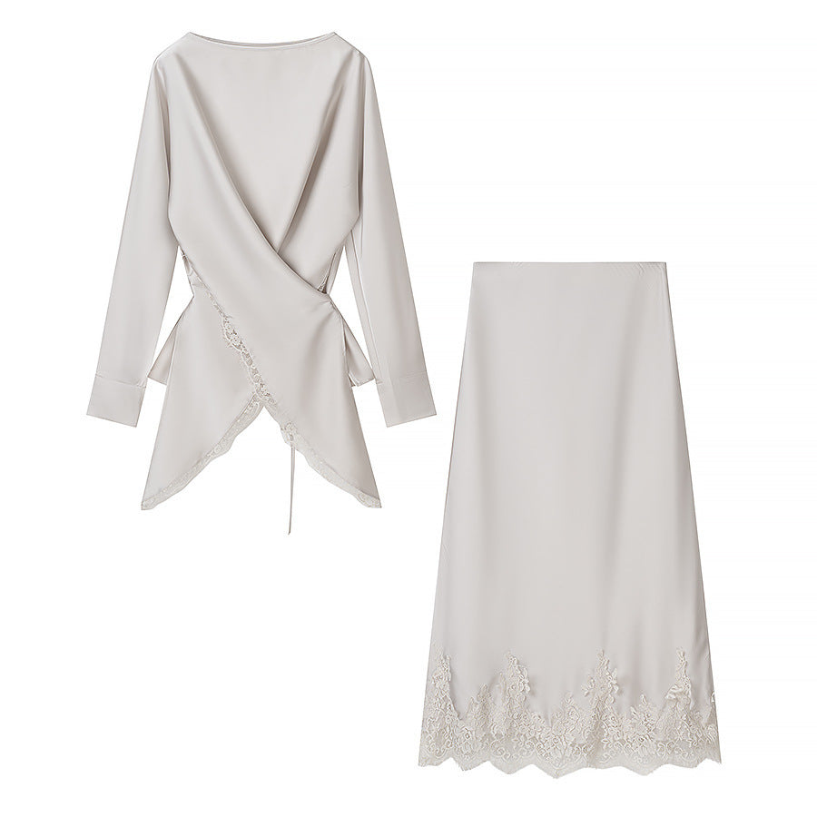 Damer elegant wrap-blus med spetsdetalj och matchande kjol Mirla-Eva Jonsson